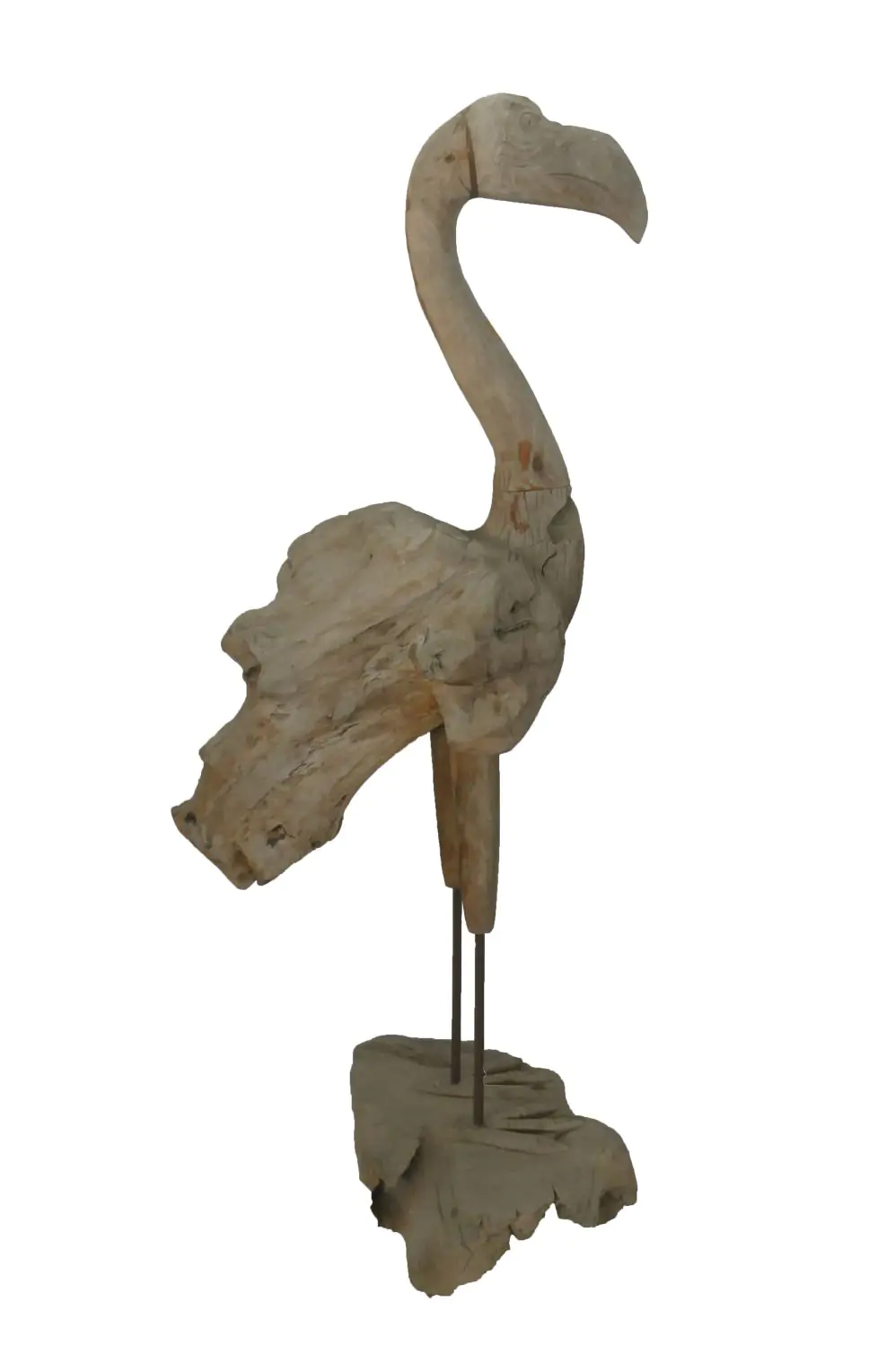  Product image 1 of the product “Flamingo, made from teak root pieces, about 1,10 mtr high-. 2 Parts, metall feet. ”